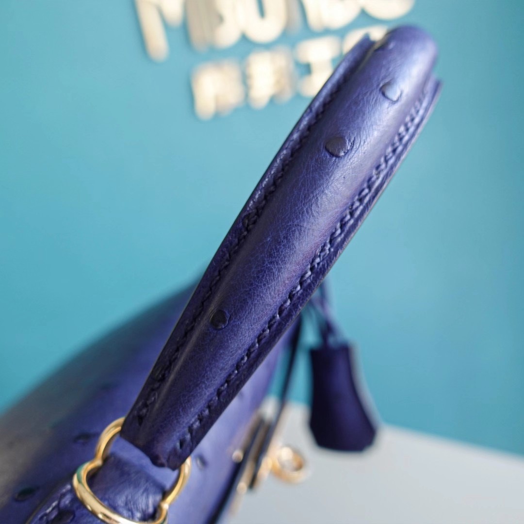 【顾佳同款】爱马仕 Hermes Kelly 25CM 凯莉包 鸵鸟皮 金扣 鸢尾蓝