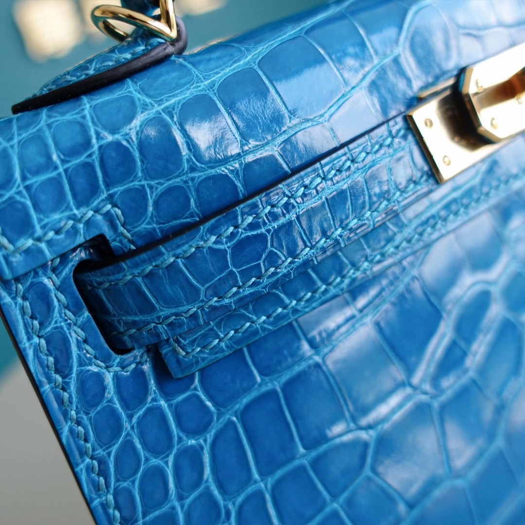 Hermes Mini Kelly 7W 伊兹密尔蓝 亮面美洲鳄鱼 金扣 超神秘的蓝绿混合色
