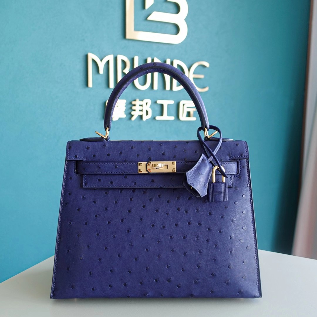 【顾佳同款】爱马仕 Hermes Kelly 25CM 凯莉包 鸵鸟皮 金扣 鸢尾蓝