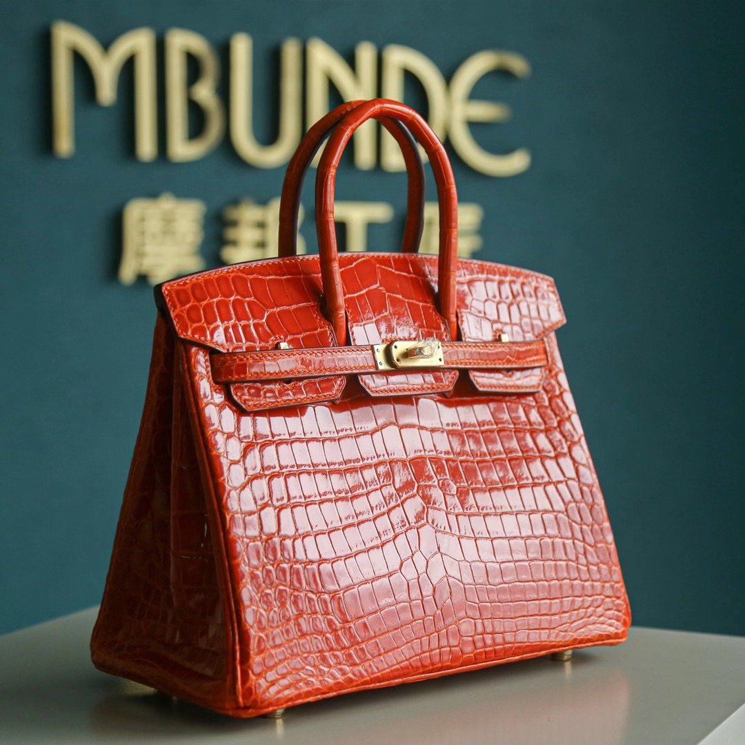 Hermes Birkin 25CM 橙色 亮面两点 尼罗鳄 金扣 纯手工 HandMade