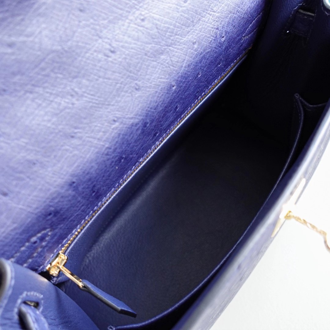 【顾佳同款】爱马仕 Hermes Kelly 25CM 凯莉包 鸵鸟皮 金扣 鸢尾蓝