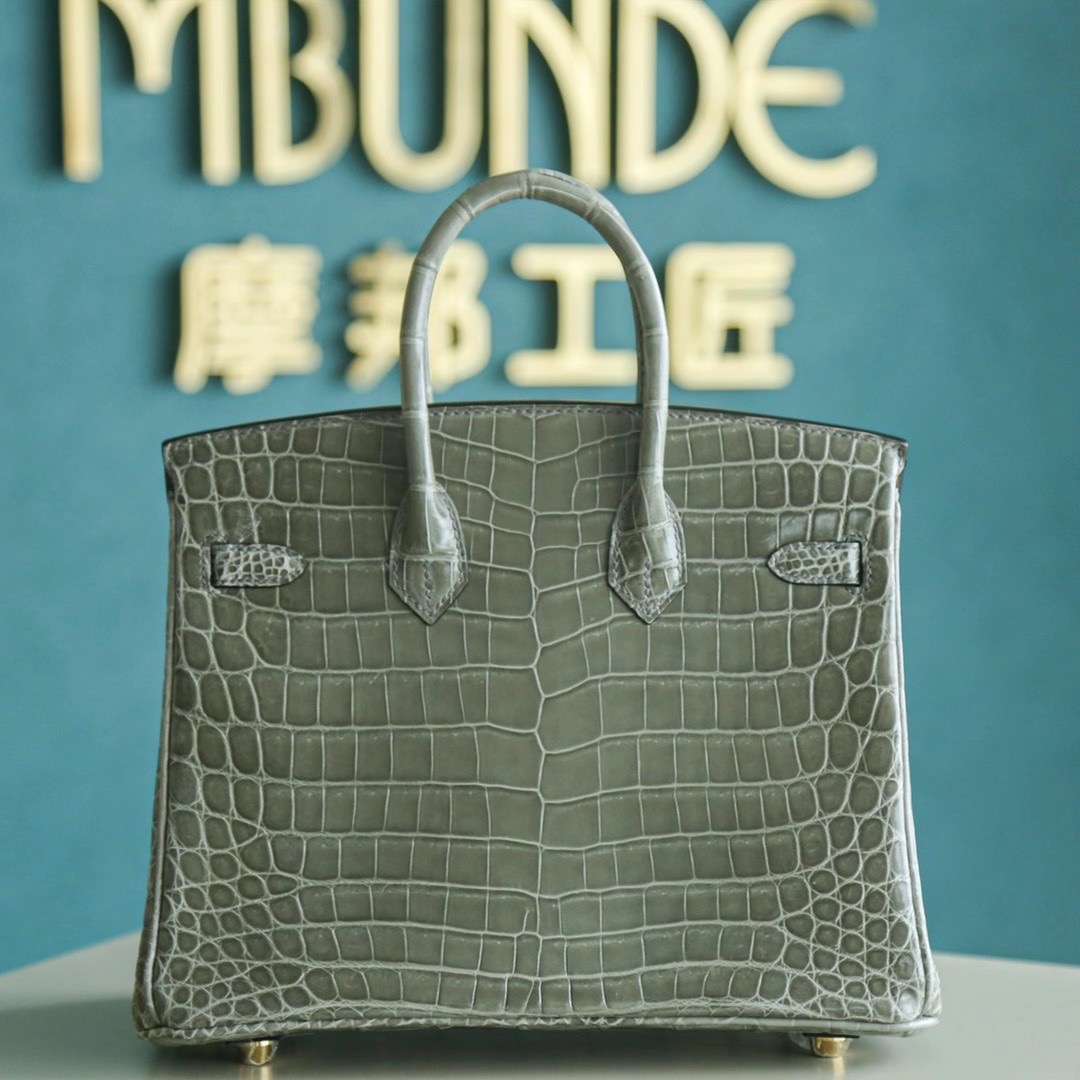 Hermes Birkin 25CM 斑鸠灰 亮面两点鳄鱼 金扣 鳄鱼皮里面的超级人气色