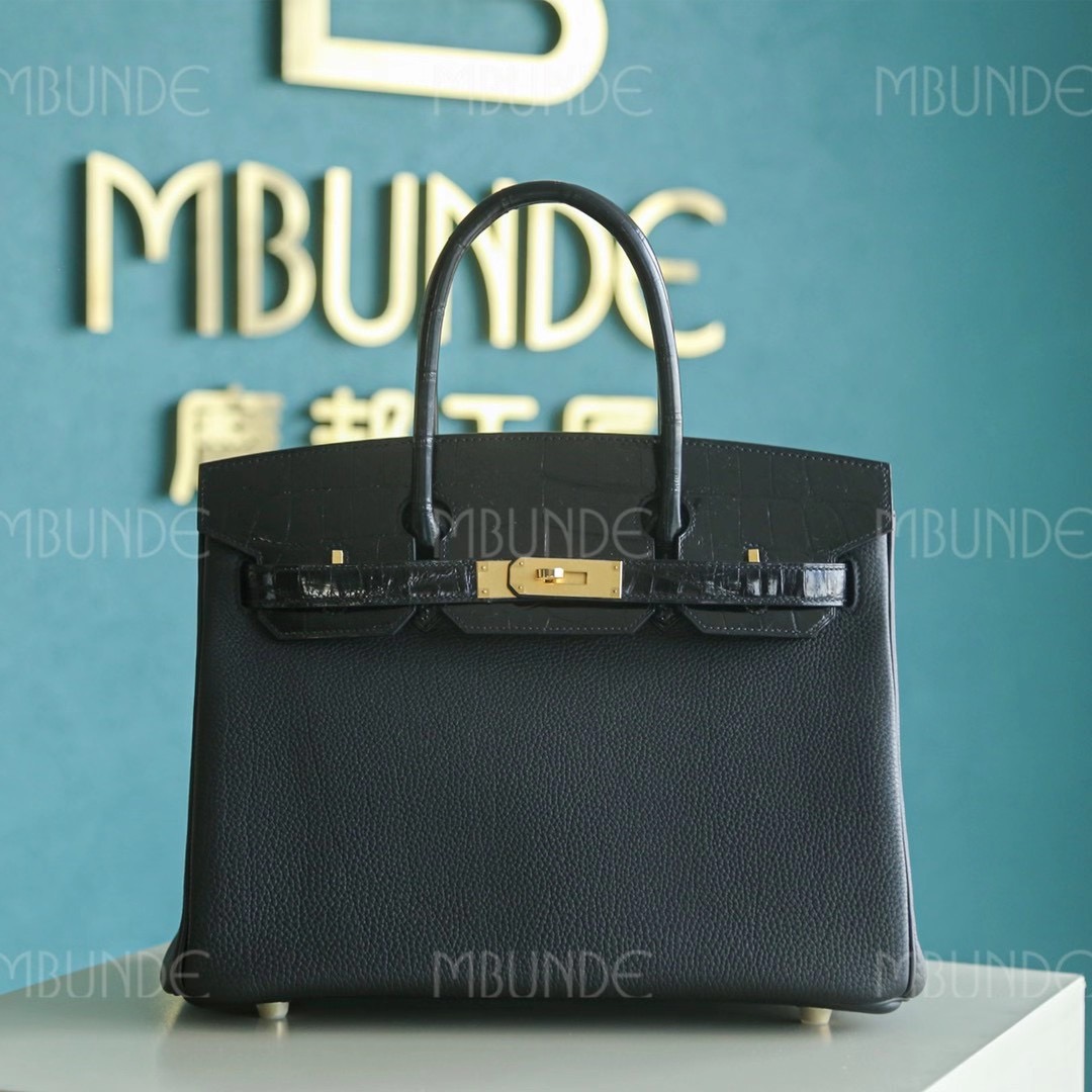Hermes Birkin Touch 30CM 黑色 两点鳄鱼拼Togo 金扣 专柜限量版拼皮组合