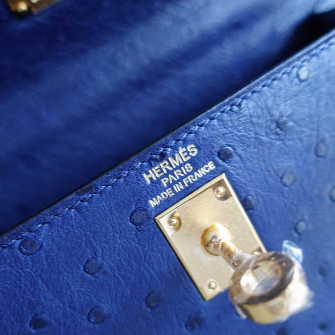 【顾佳同款】爱马仕 Hermes Kelly 25CM 凯莉包 鸵鸟皮 金扣 鸢尾蓝