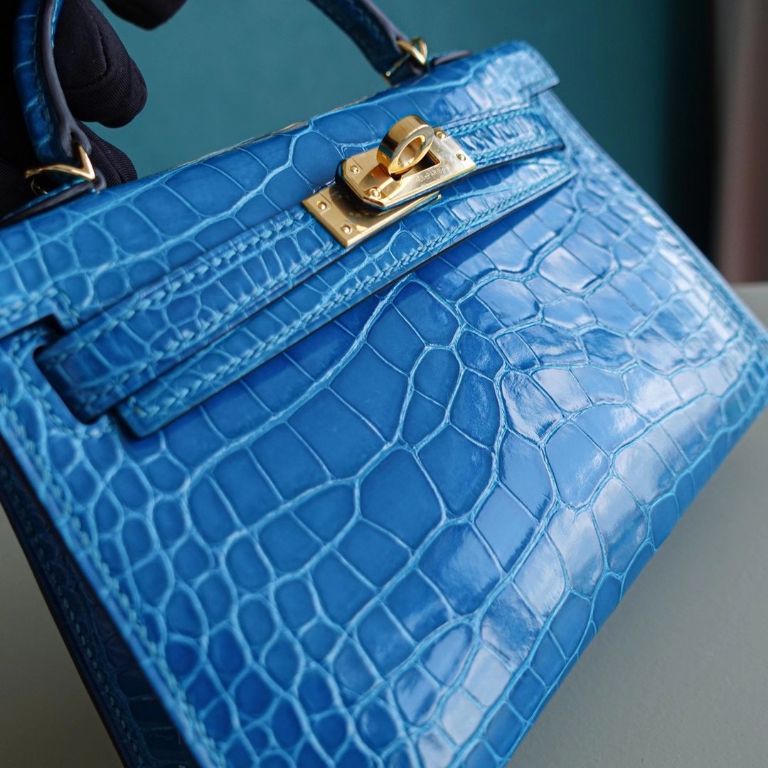 Hermes Mini Kelly 7W 伊兹密尔蓝 亮面美洲鳄鱼 金扣 超神秘的蓝绿混合色