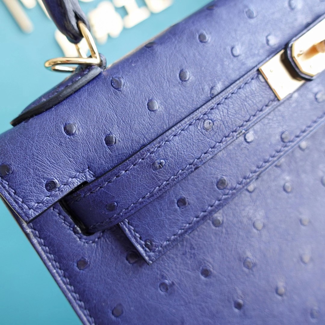 【顾佳同款】爱马仕 Hermes Kelly 25CM 凯莉包 鸵鸟皮 金扣 鸢尾蓝