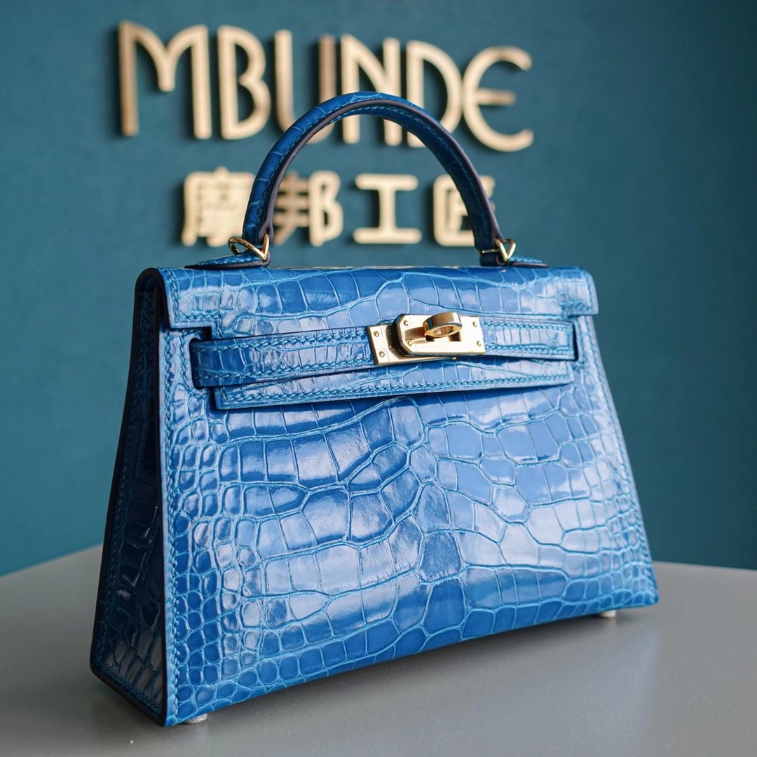 Hermes Mini Kelly 7W 伊兹密尔蓝 亮面美洲鳄鱼 金扣 超神秘的蓝绿混合色