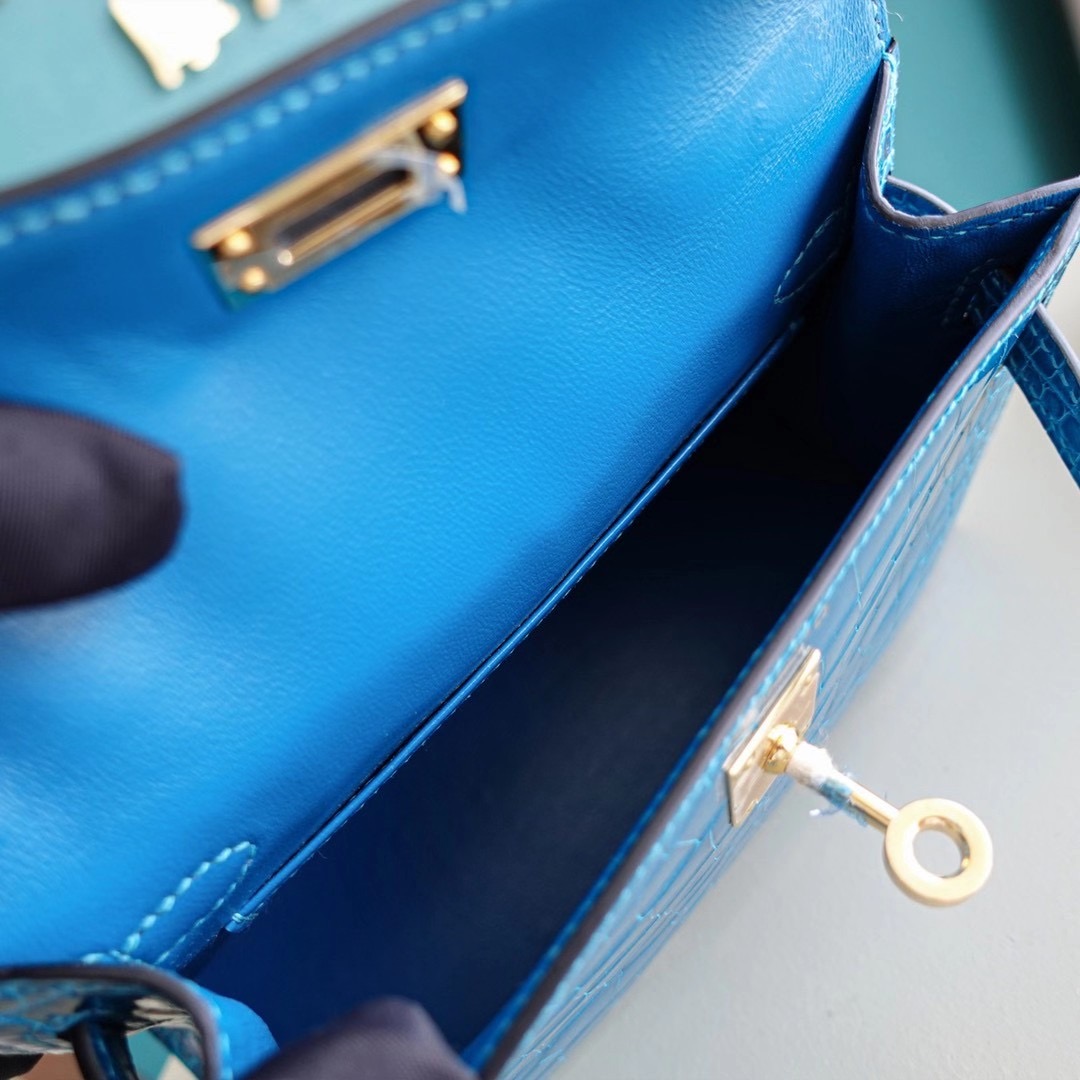 Hermes Mini Kelly 7W 伊兹密尔蓝 亮面美洲鳄鱼 金扣 超神秘的蓝绿混合色