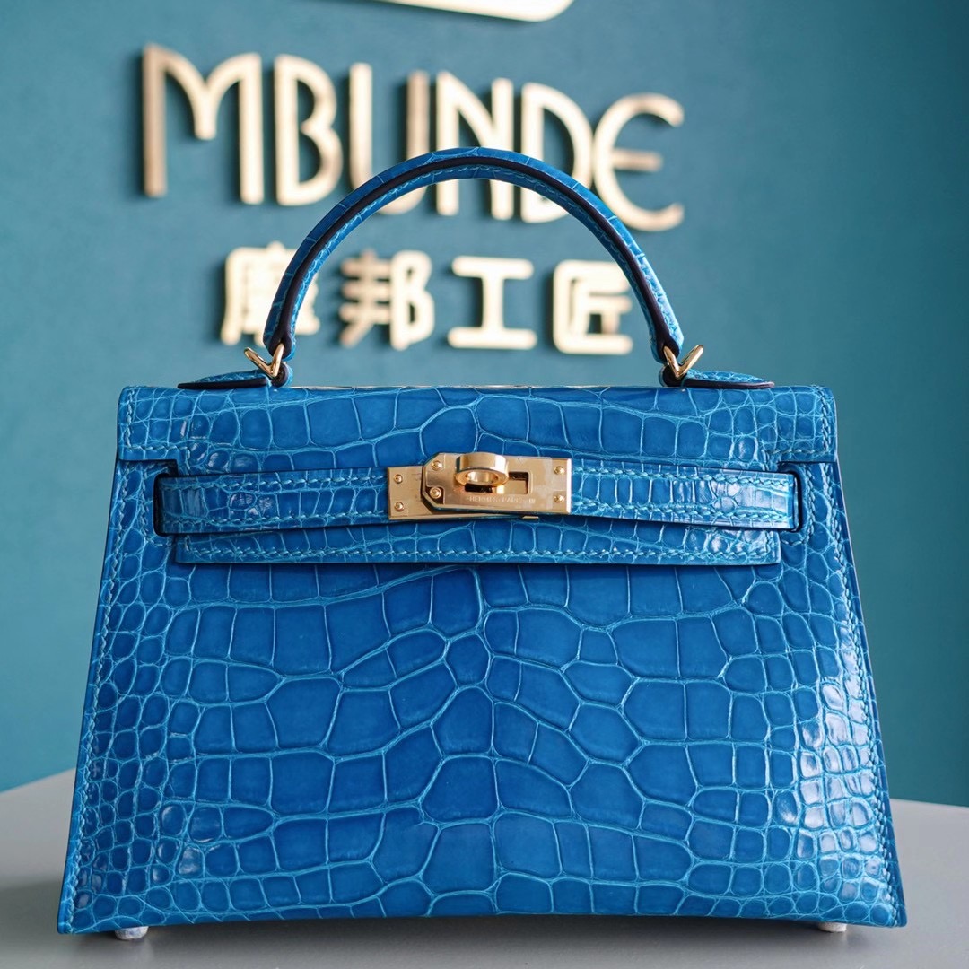 Hermes Mini Kelly 7W 伊兹密尔蓝 亮面美洲鳄鱼 金扣 超神秘的蓝绿混合色