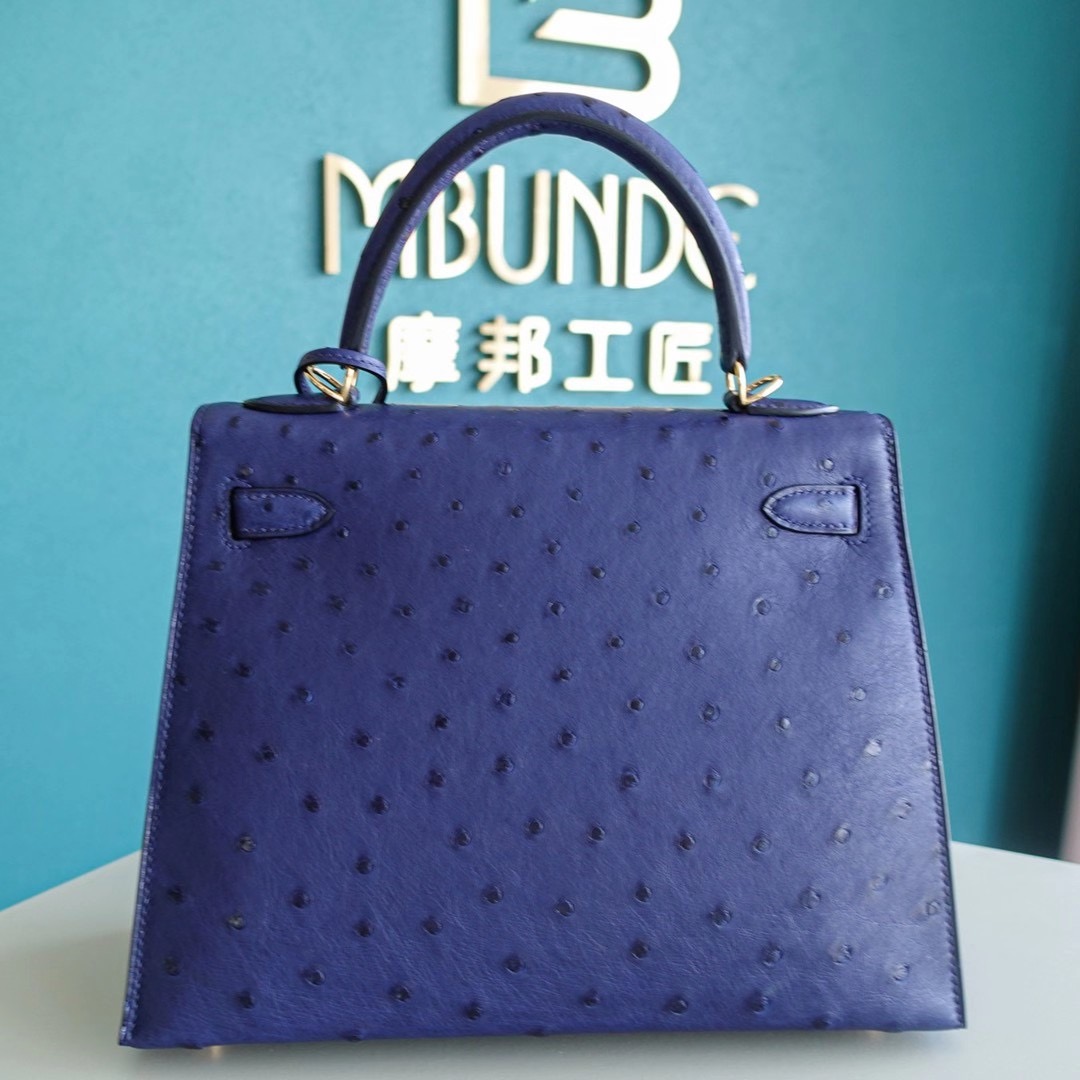 【顾佳同款】爱马仕 Hermes Kelly 25CM 凯莉包 鸵鸟皮 金扣 鸢尾蓝