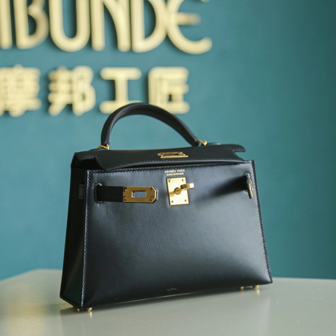 【2020年热门款】Mini Kelly 2代 黑色 BOX皮 金扣 单肩包 小挎包