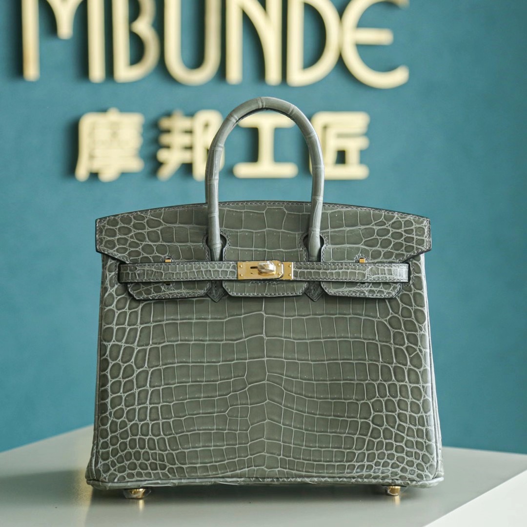 Hermes Birkin 25CM 斑鸠灰 亮面两点鳄鱼 金扣 鳄鱼皮里面的超级人气色