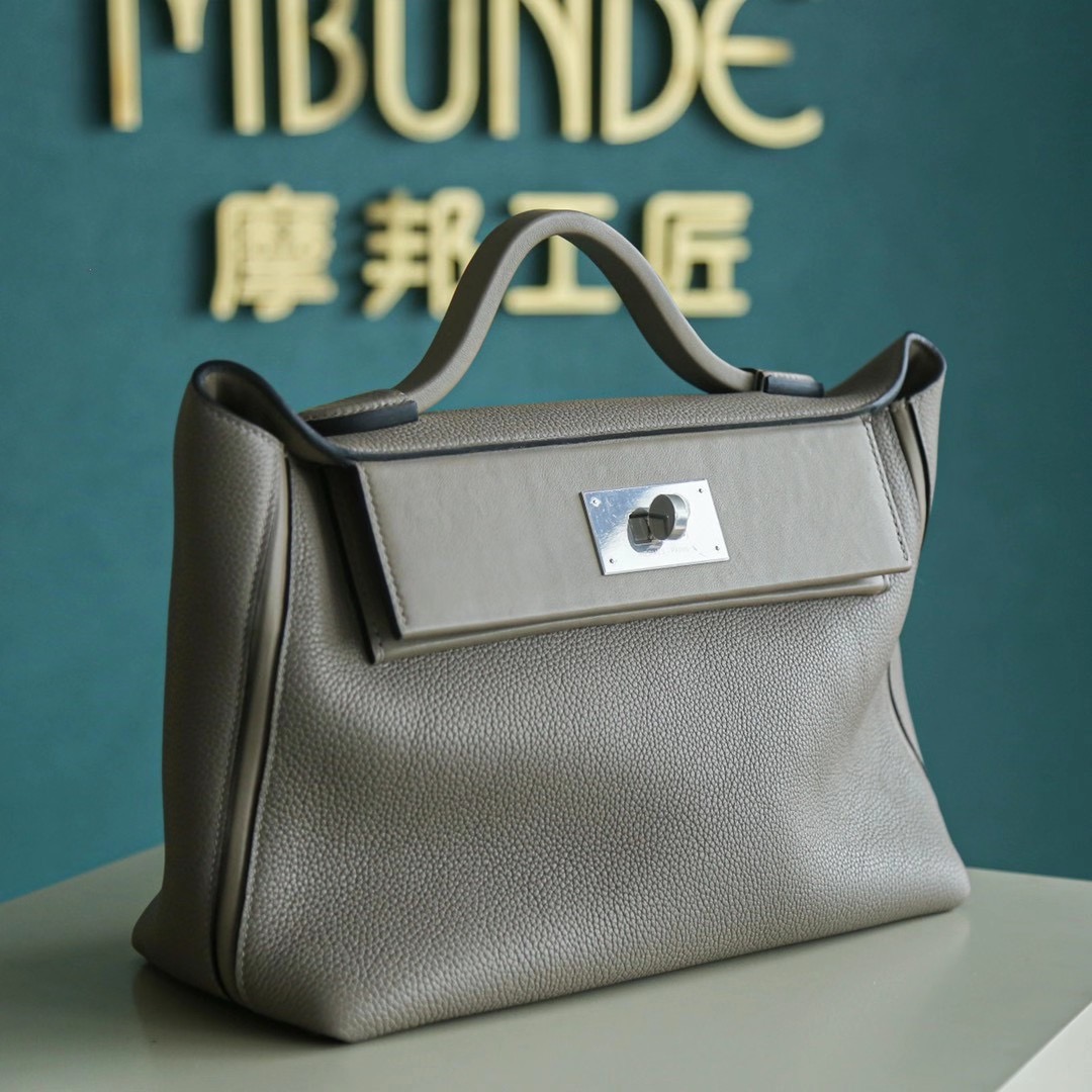 Hermes Kelly 24-24 29CM M8 沥青灰 Togo 拼 Swift 银扣