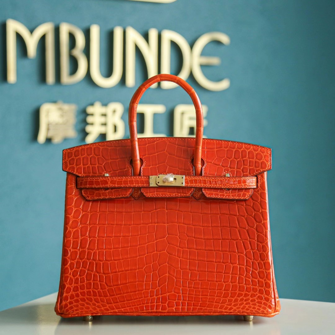Hermes Birkin 25CM 橙色 亮面两点 尼罗鳄 金扣 纯手工 HandMade