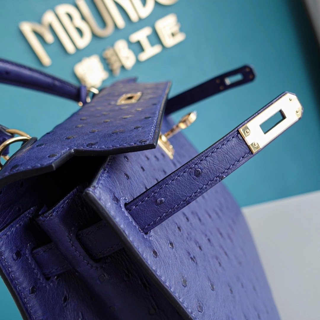 【顾佳同款】爱马仕 Hermes Kelly 25CM 凯莉包 鸵鸟皮 金扣 鸢尾蓝