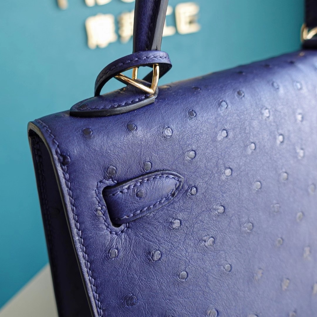 【顾佳同款】爱马仕 Hermes Kelly 25CM 凯莉包 鸵鸟皮 金扣 鸢尾蓝