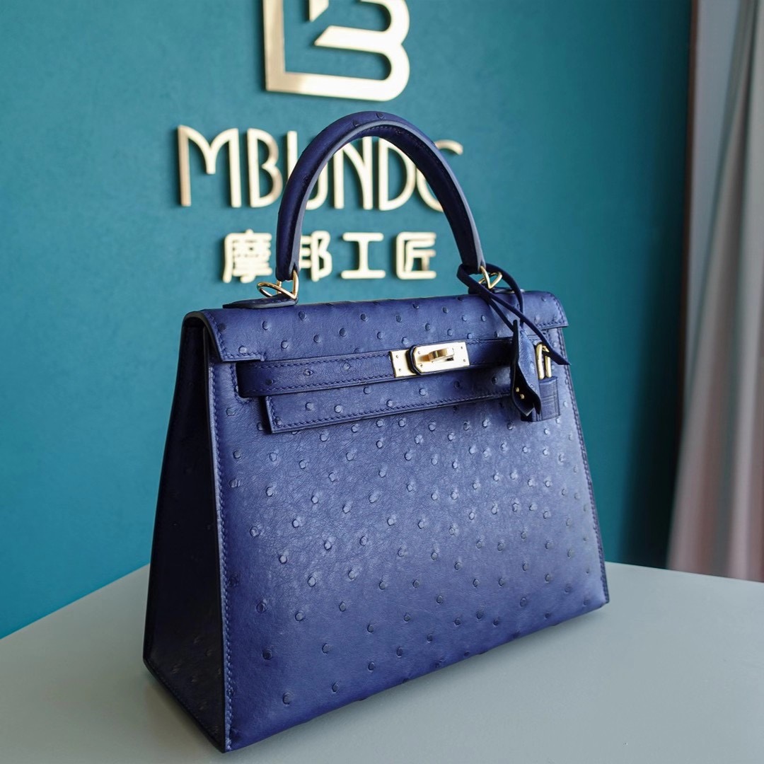 【顾佳同款】爱马仕 Hermes Kelly 25CM 凯莉包 鸵鸟皮 金扣 鸢尾蓝