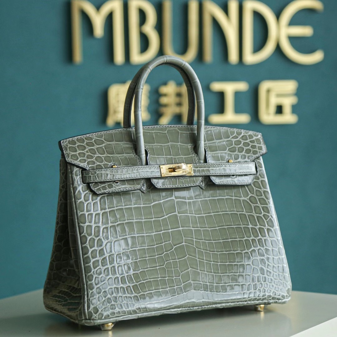 Hermes Birkin 25CM 斑鸠灰 亮面两点鳄鱼 金扣 鳄鱼皮里面的超级人气色