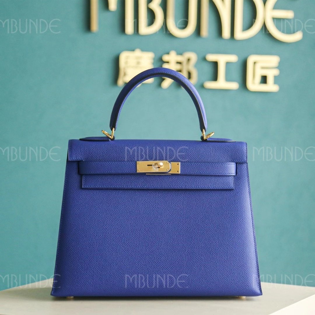 爱马仕 Hermes 凯莉包 Kelly 28CM Epsom皮 电光蓝 纯手工 金扣