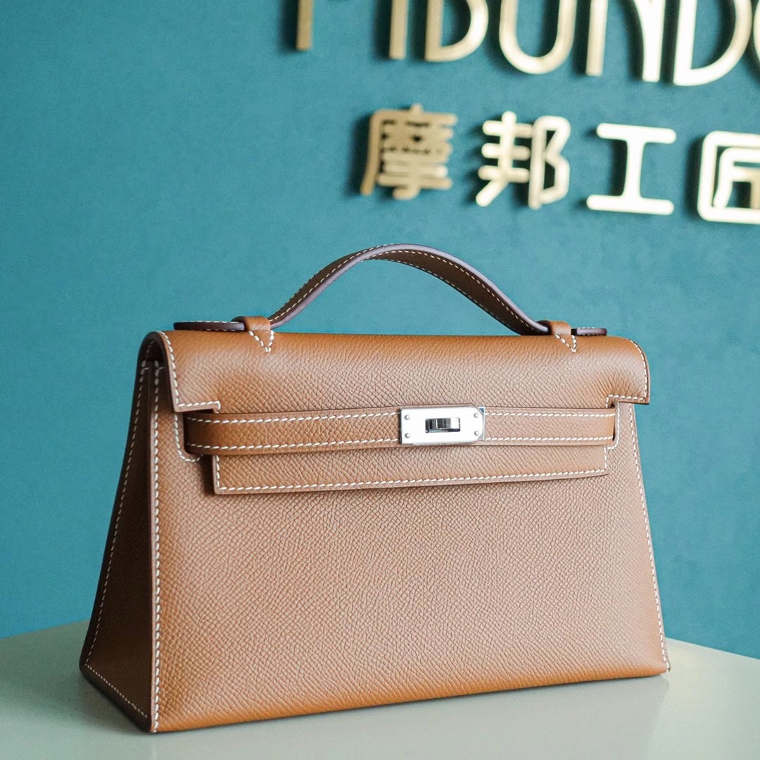 Hermes Kelly Pochette 1代 手拿包 Epsom皮 全手工  金棕色 银扣