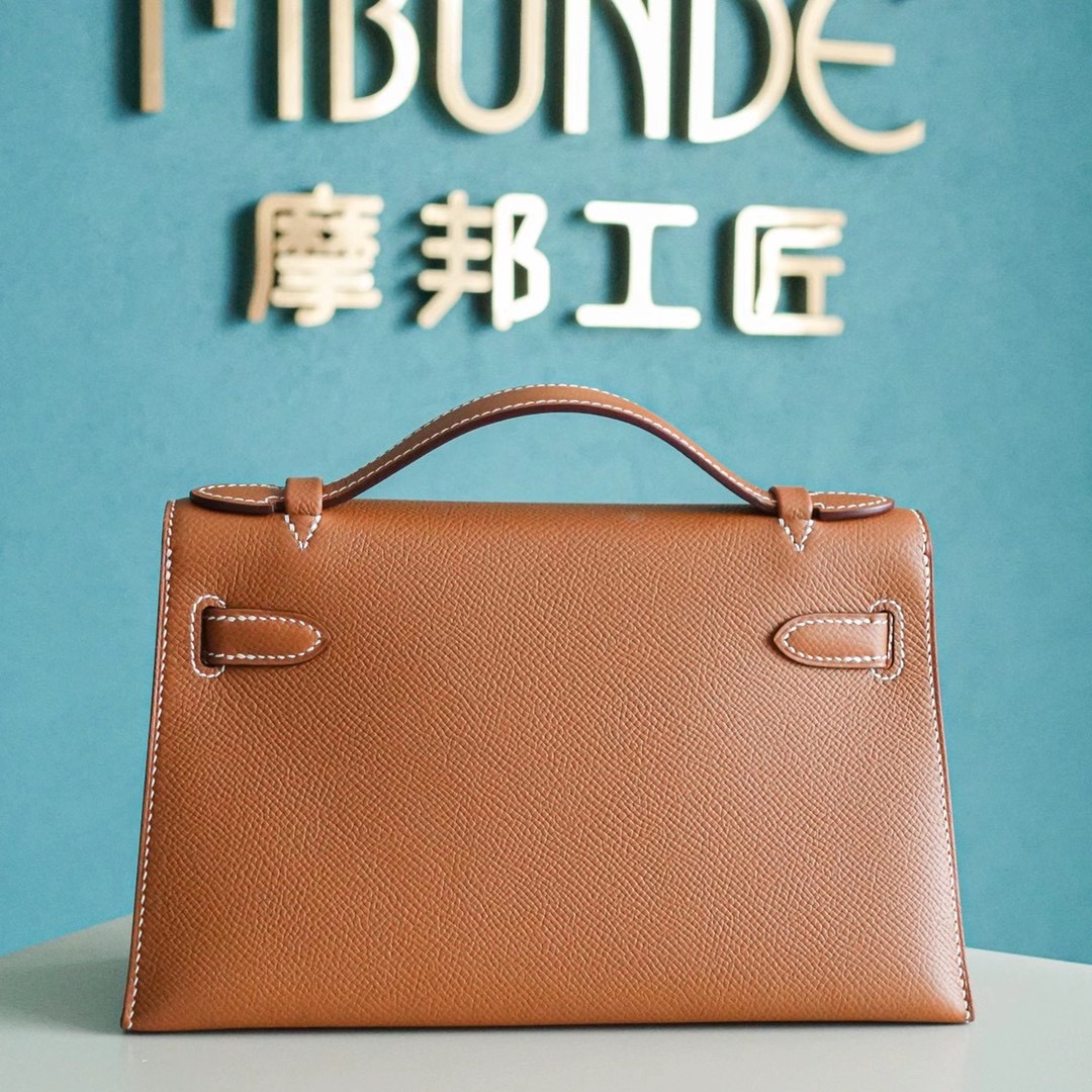 Hermes Kelly Pochette 1代 手拿包 Epsom皮 全手工  金棕色 银扣