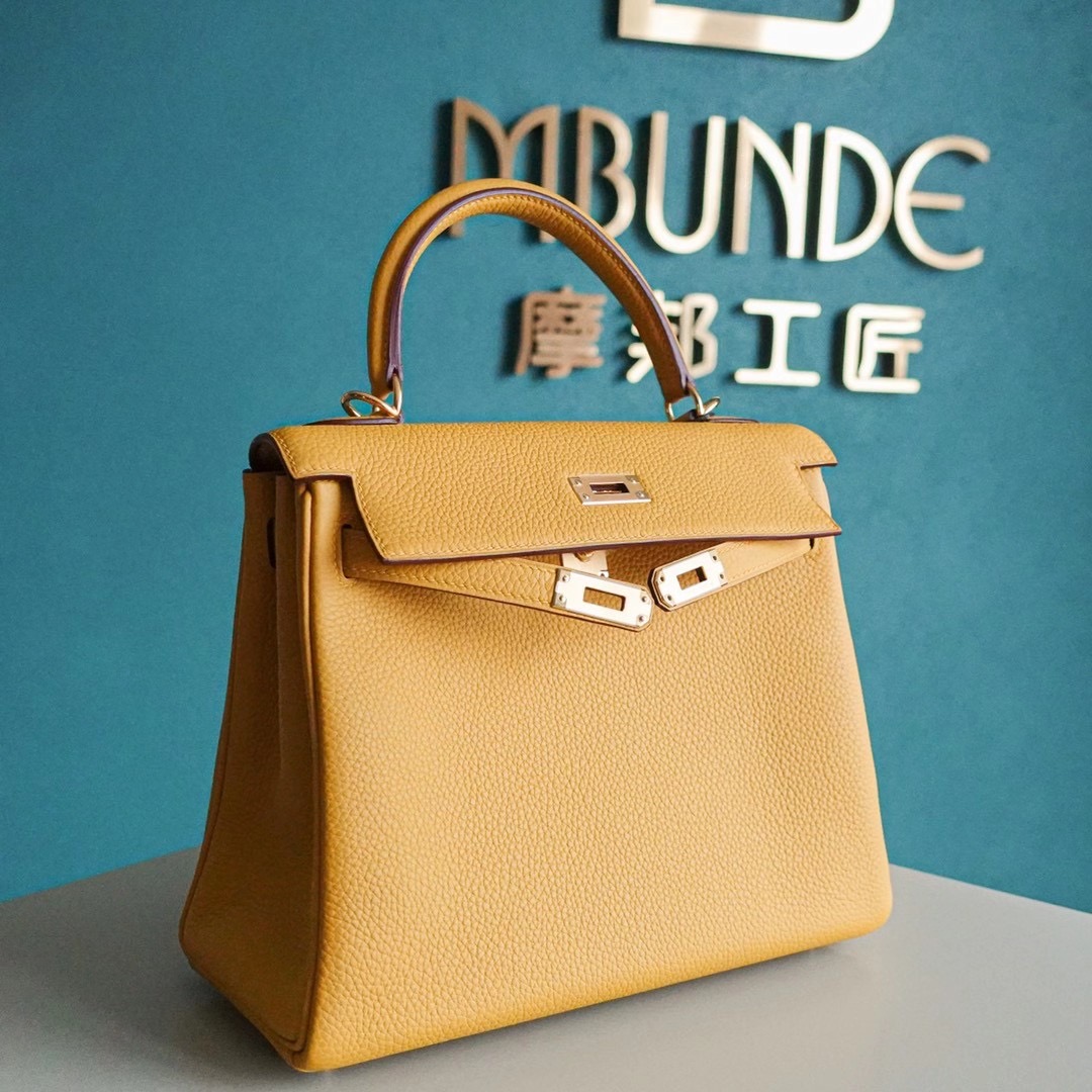 Hermes 爱马仕 Kelly 凯莉包 25CM Togo皮  琥珀黄 银扣 全手工
