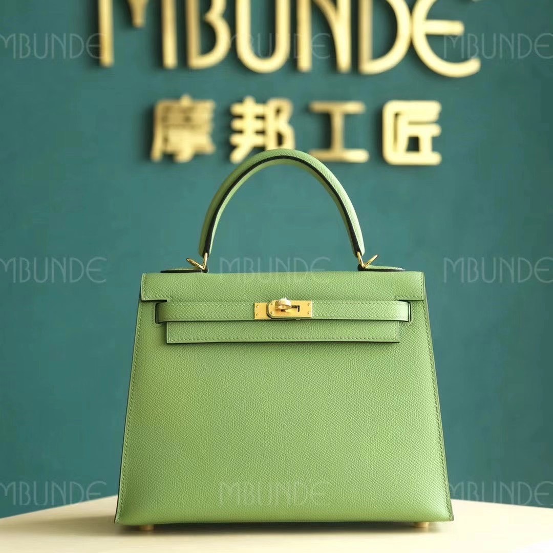 Hermes 爱马仕 Kelly 凯莉包 25CM Epsom皮  牛油果绿  金扣 全手工