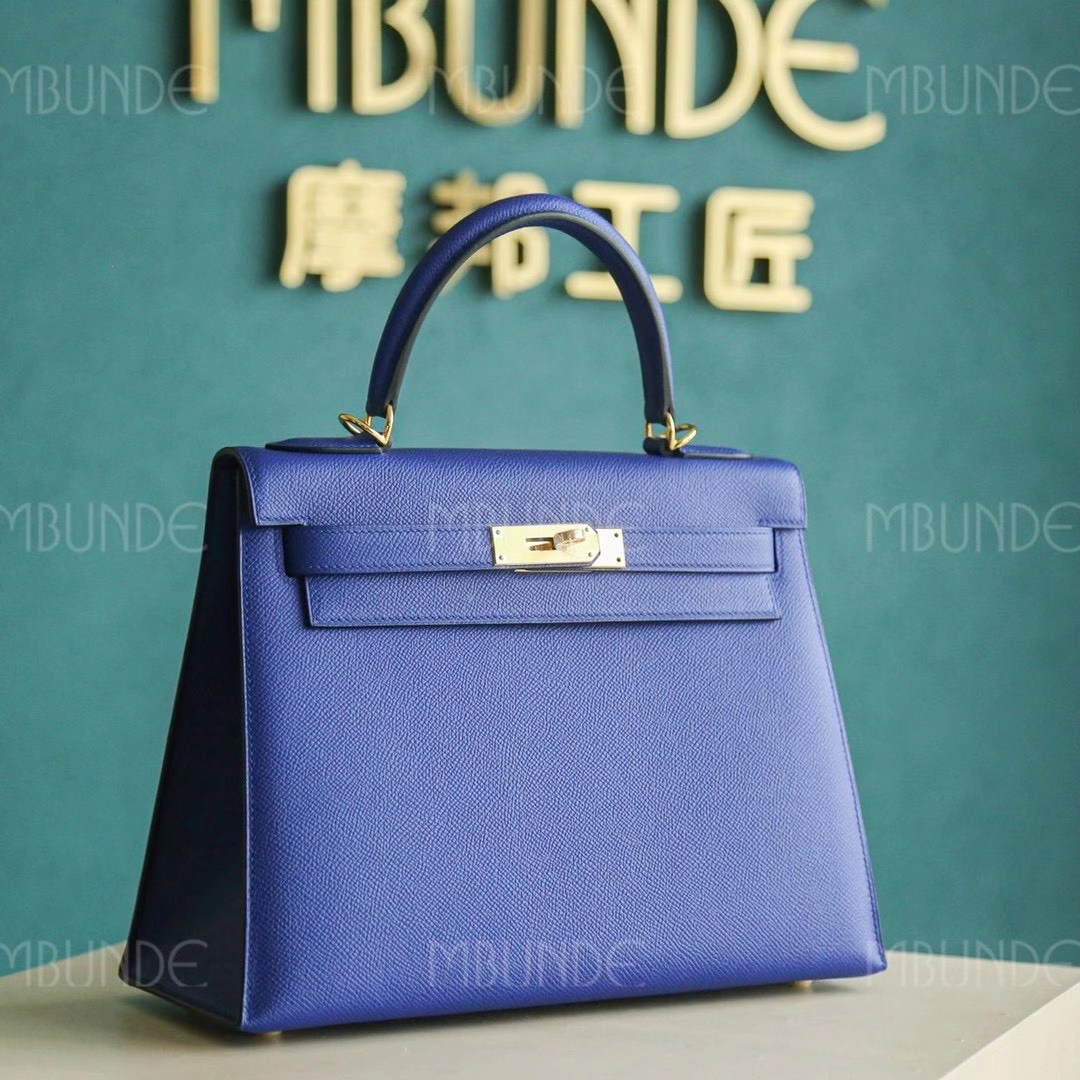 爱马仕 Hermes 凯莉包 Kelly 28CM Epsom皮 电光蓝 纯手工 金扣