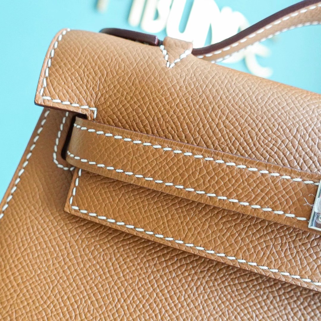 Hermes Kelly Pochette 1代 手拿包 Epsom皮 全手工  金棕色 银扣