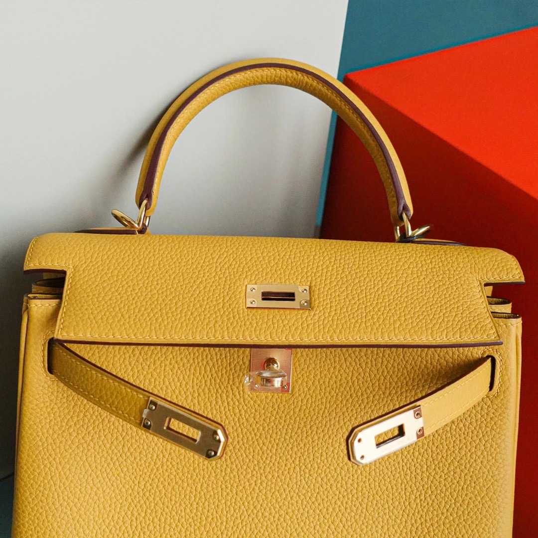 Hermes 爱马仕 Kelly 凯莉包 25CM Togo皮  琥珀黄 银扣 全手工