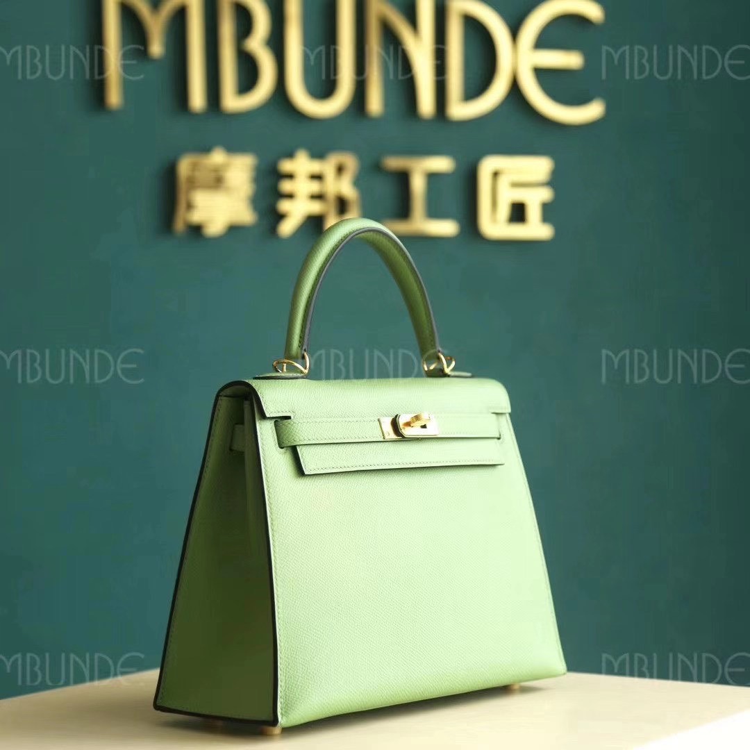 Hermes 爱马仕 Kelly 凯莉包 25CM Epsom皮  牛油果绿  金扣 全手工