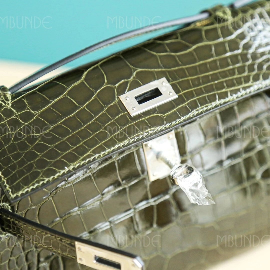 Hermes Kelly Pochette 1代 手拿包  亮面方块鳄鱼 全手工 6H 橄榄绿 银扣