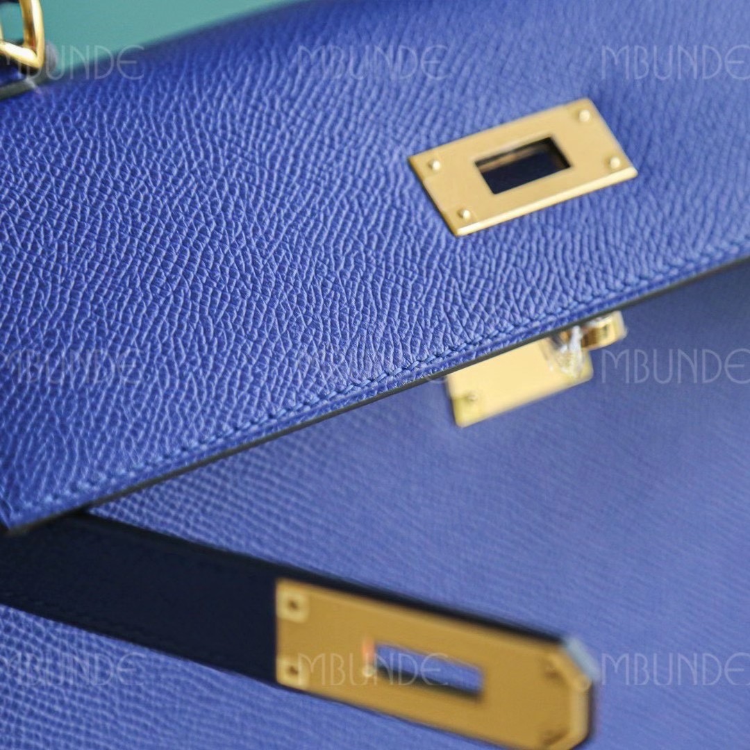 爱马仕 Hermes 凯莉包 Kelly 28CM Epsom皮 电光蓝 纯手工 金扣