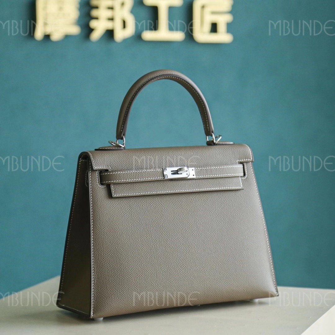 Hermes 爱马仕 Kelly 凯莉包 25CM Epsom皮 大象灰 银扣 全手工