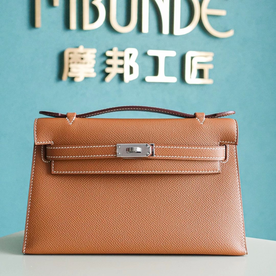 Hermes Kelly Pochette 1代 手拿包 Epsom皮 全手工  金棕色 银扣