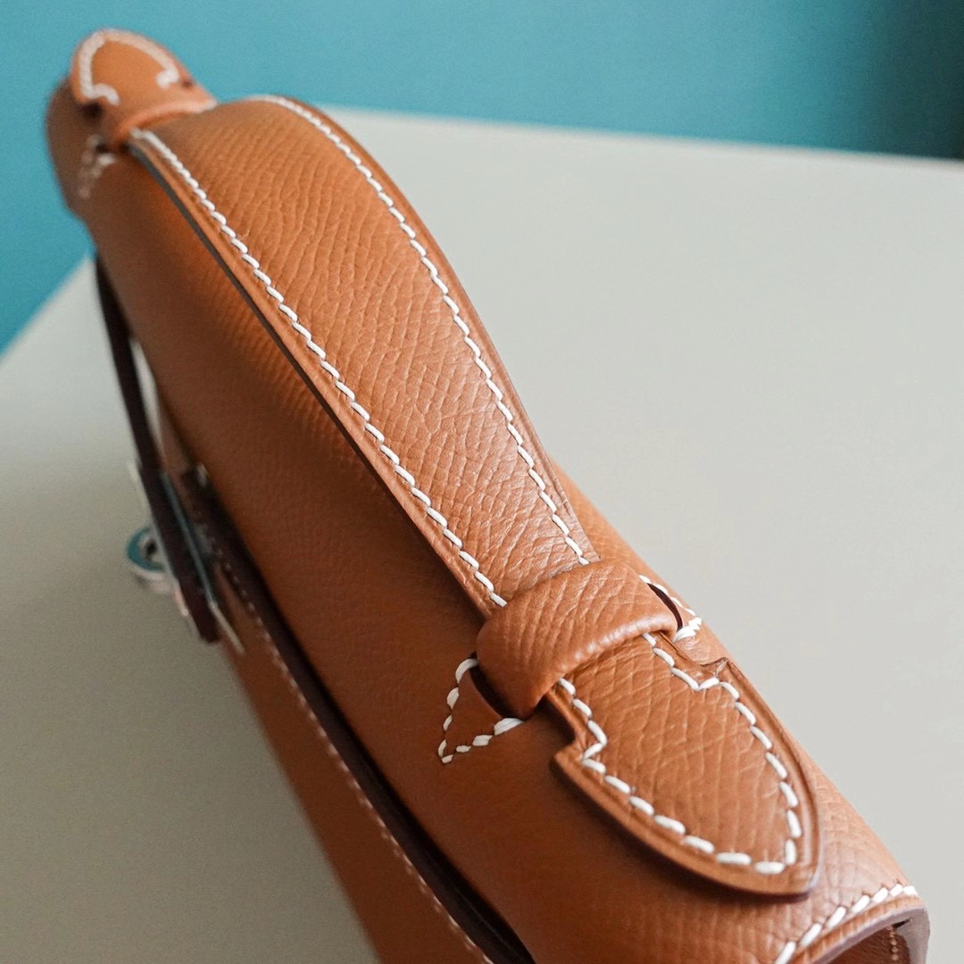 Hermes Kelly Pochette 1代 手拿包 Epsom皮 全手工  金棕色 银扣