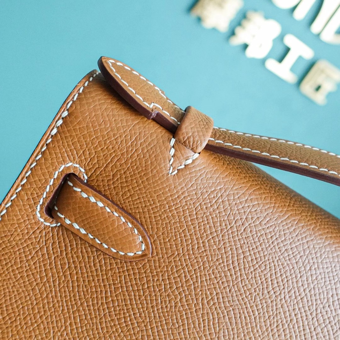 Hermes Kelly Pochette 1代 手拿包 Epsom皮 全手工  金棕色 银扣