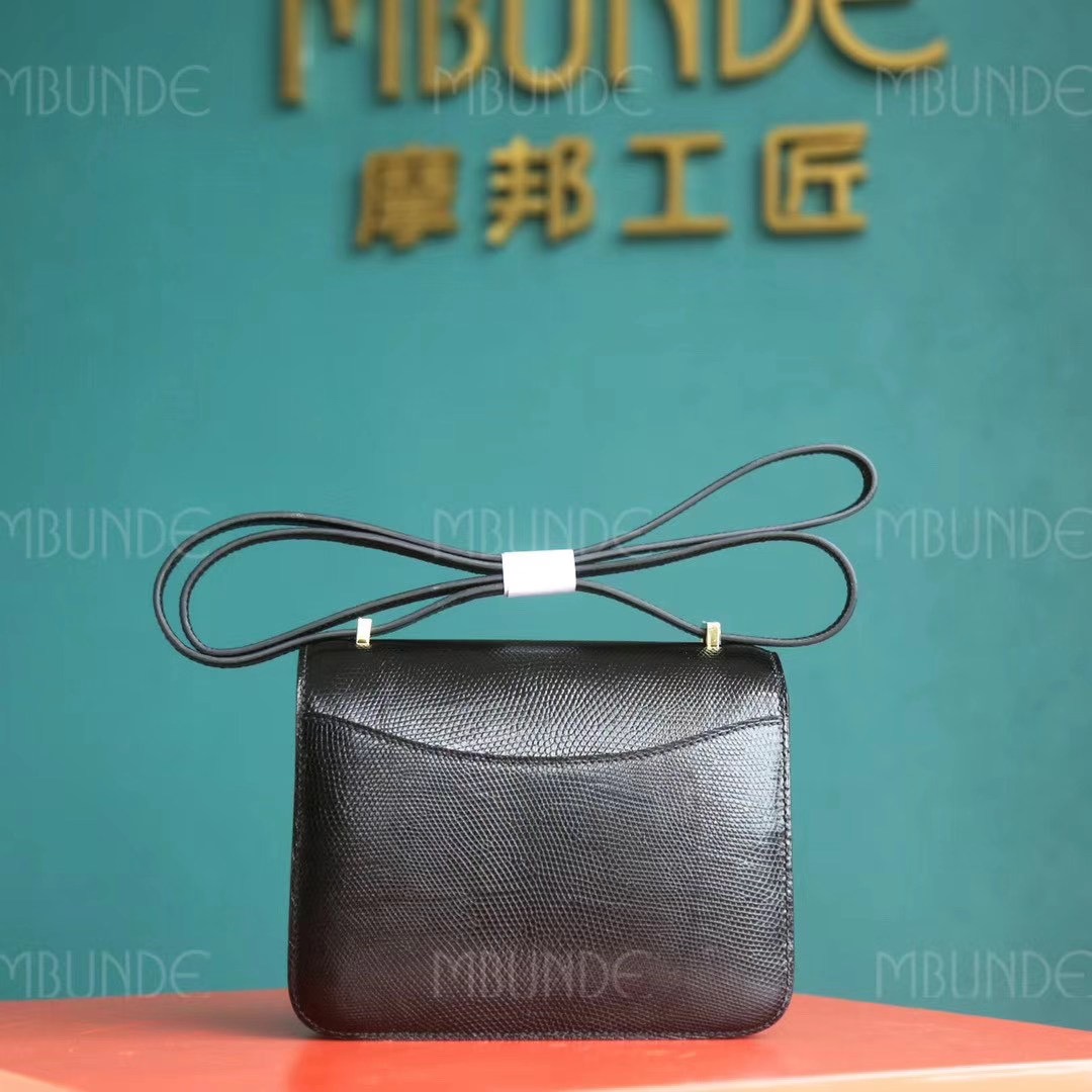爱马仕 Hermes Constance 空姐包 18CM 黑色 蜥蜴皮 金扣 全手工定制