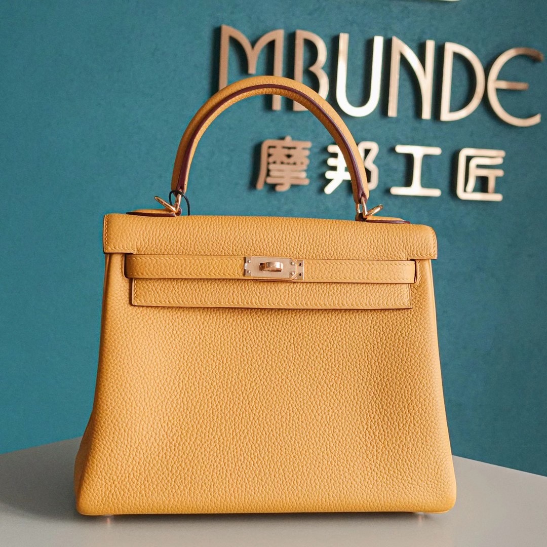 Hermes 爱马仕 Kelly 凯莉包 25CM Togo皮  琥珀黄 银扣 全手工