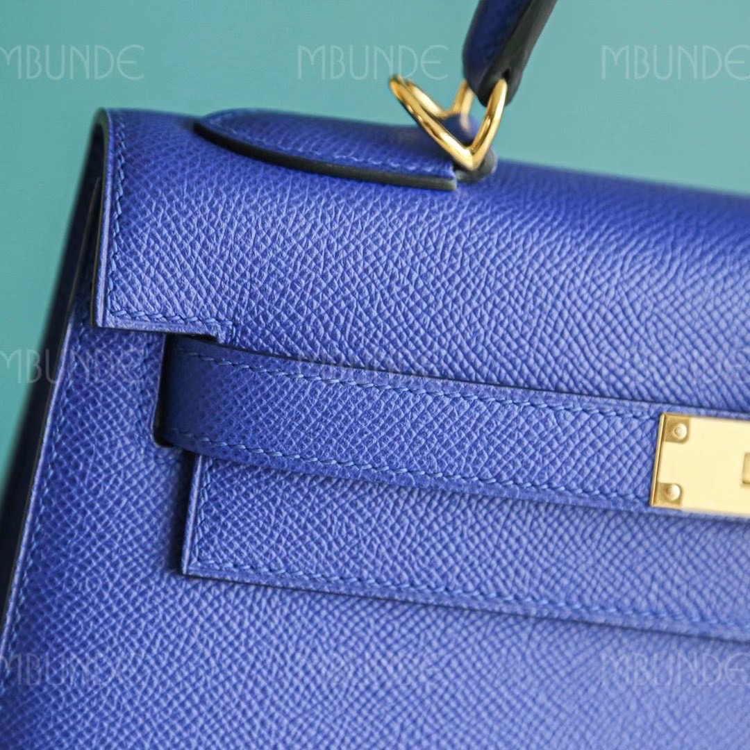 爱马仕 Hermes 凯莉包 Kelly 28CM Epsom皮 电光蓝 纯手工 金扣