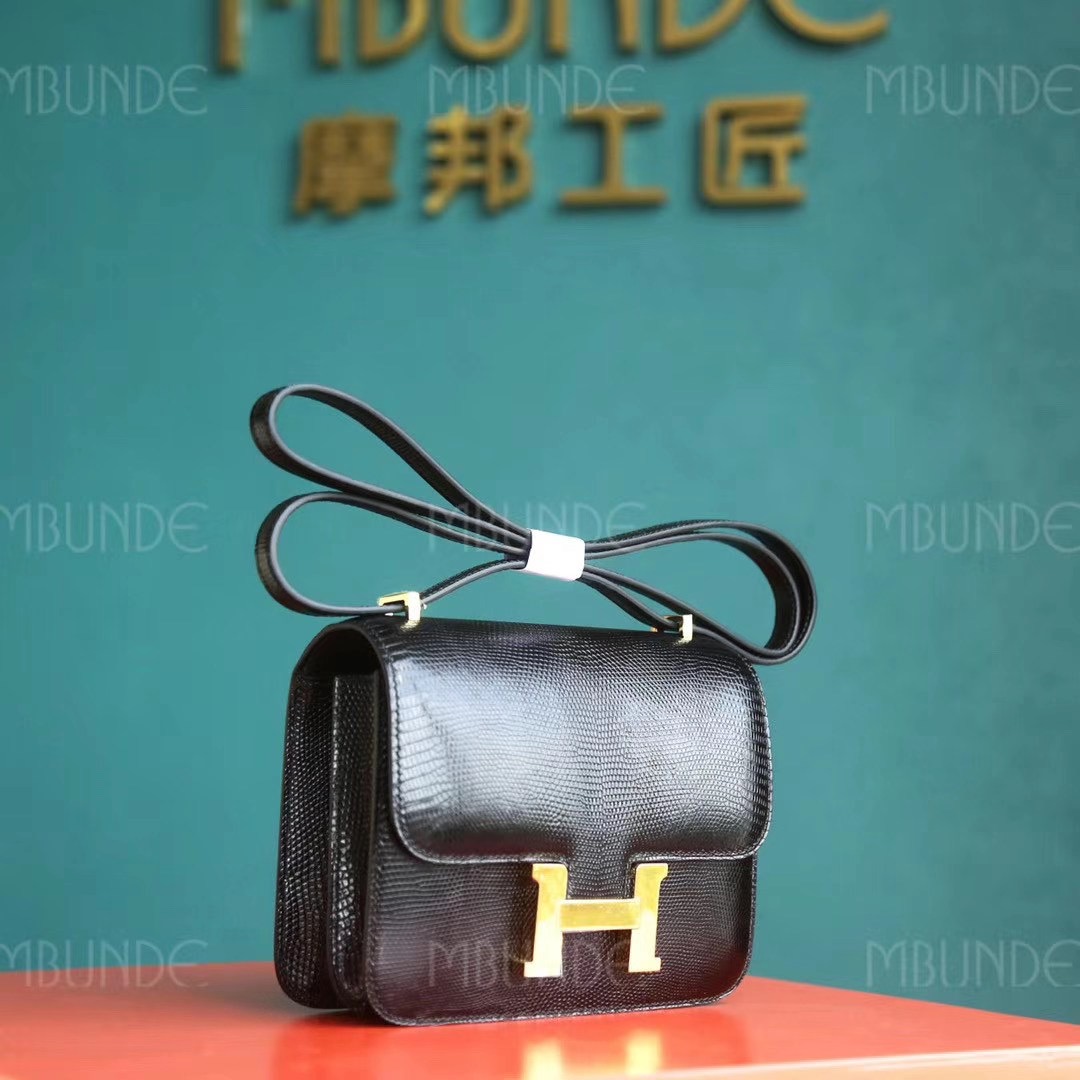 爱马仕 Hermes Constance 空姐包 18CM 黑色 蜥蜴皮 金扣 全手工定制