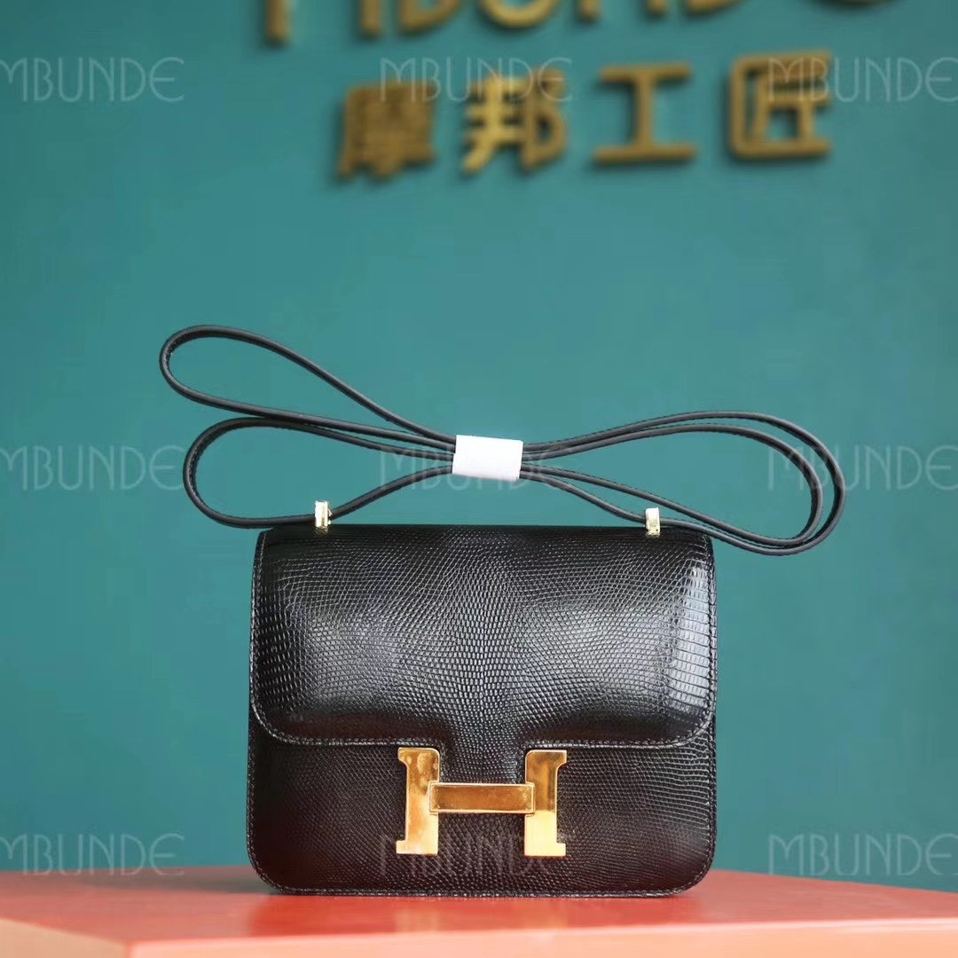 爱马仕 Hermes Constance 空姐包 18CM 黑色 蜥蜴皮 金扣 全手工定制