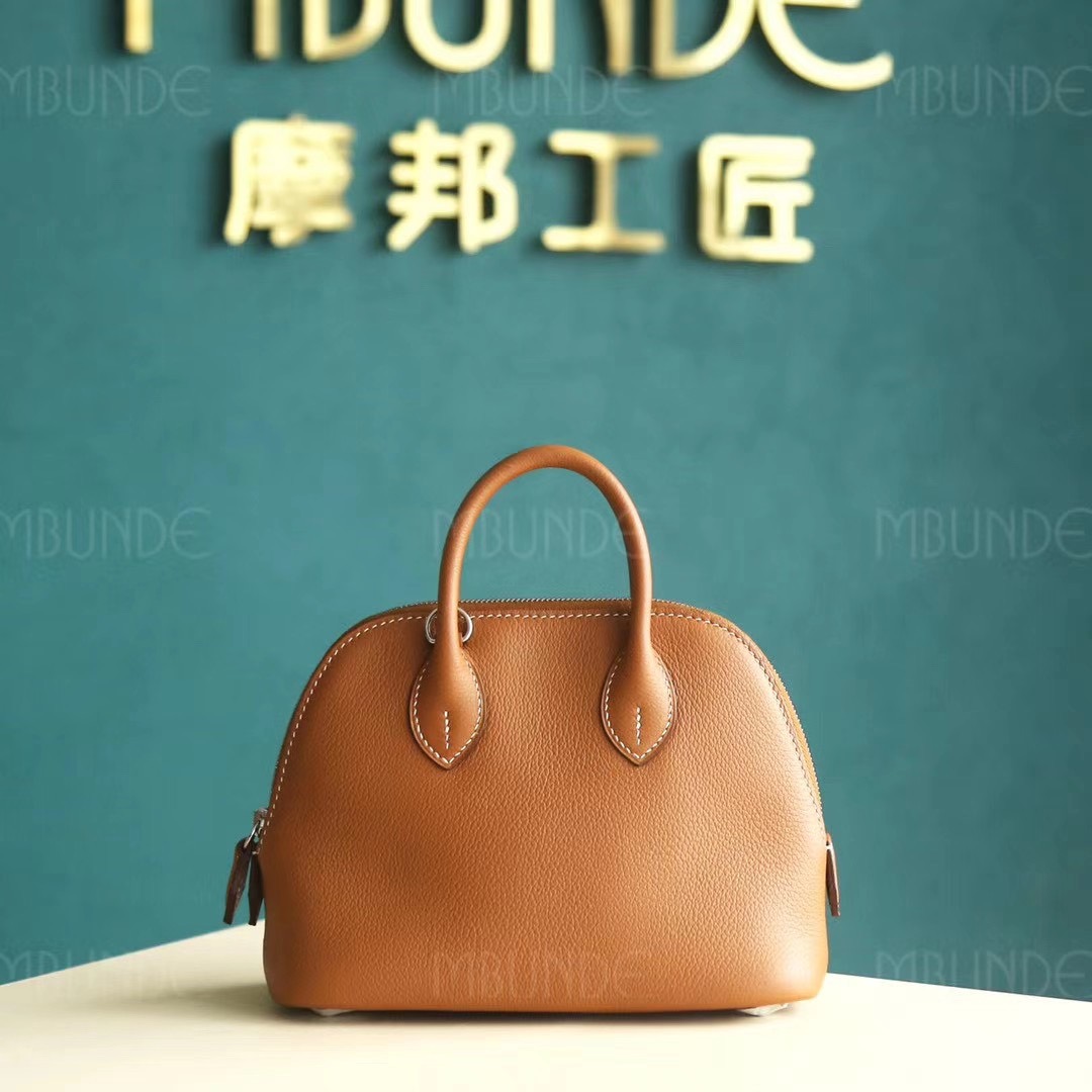 店长推荐 ：Hermes Mini Bolide 迷你号 保龄球包 金棕色 银扣 EverColor皮