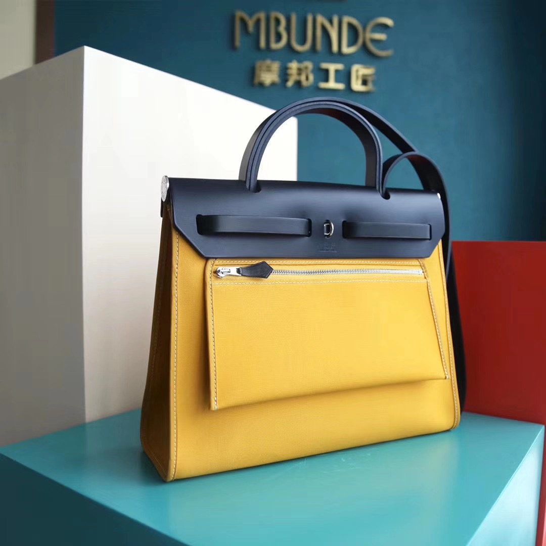 Hermes Herbag 31CM 帆布包 黑色拼琥珀黄