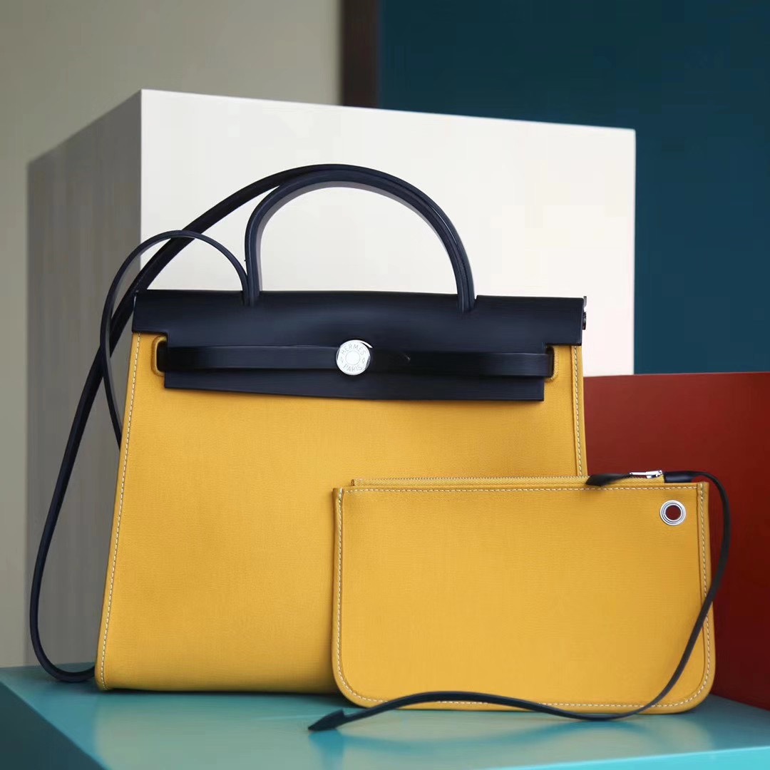 Hermes Herbag 31CM 帆布包 黑色拼琥珀黄