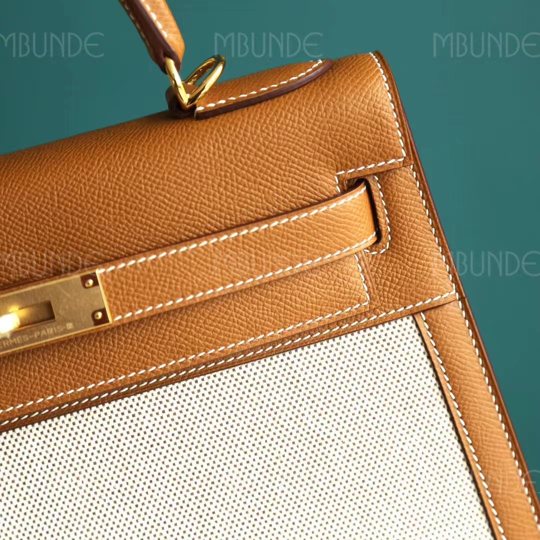 Hermes Kelly 28CM 金棕色 Epsom  拼米白帆布