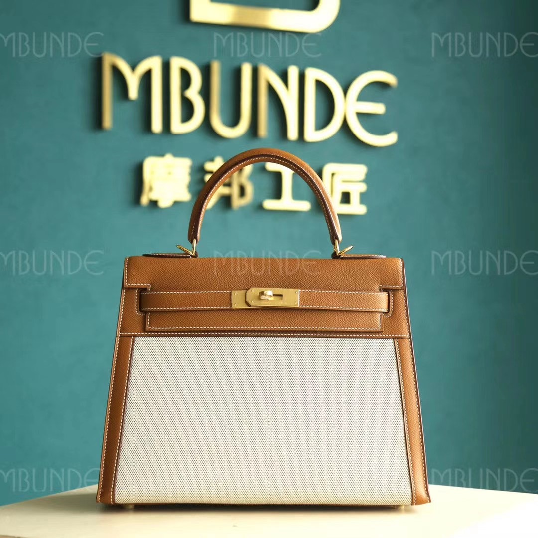 Hermes Kelly 28CM 金棕色 Epsom  拼米白帆布