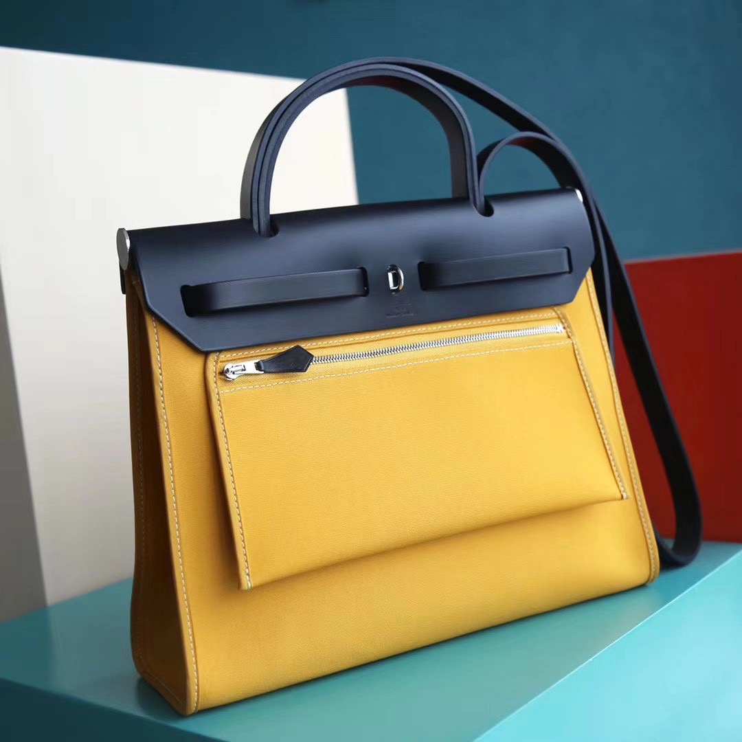 Hermes Herbag 31CM 帆布包 黑色拼琥珀黄