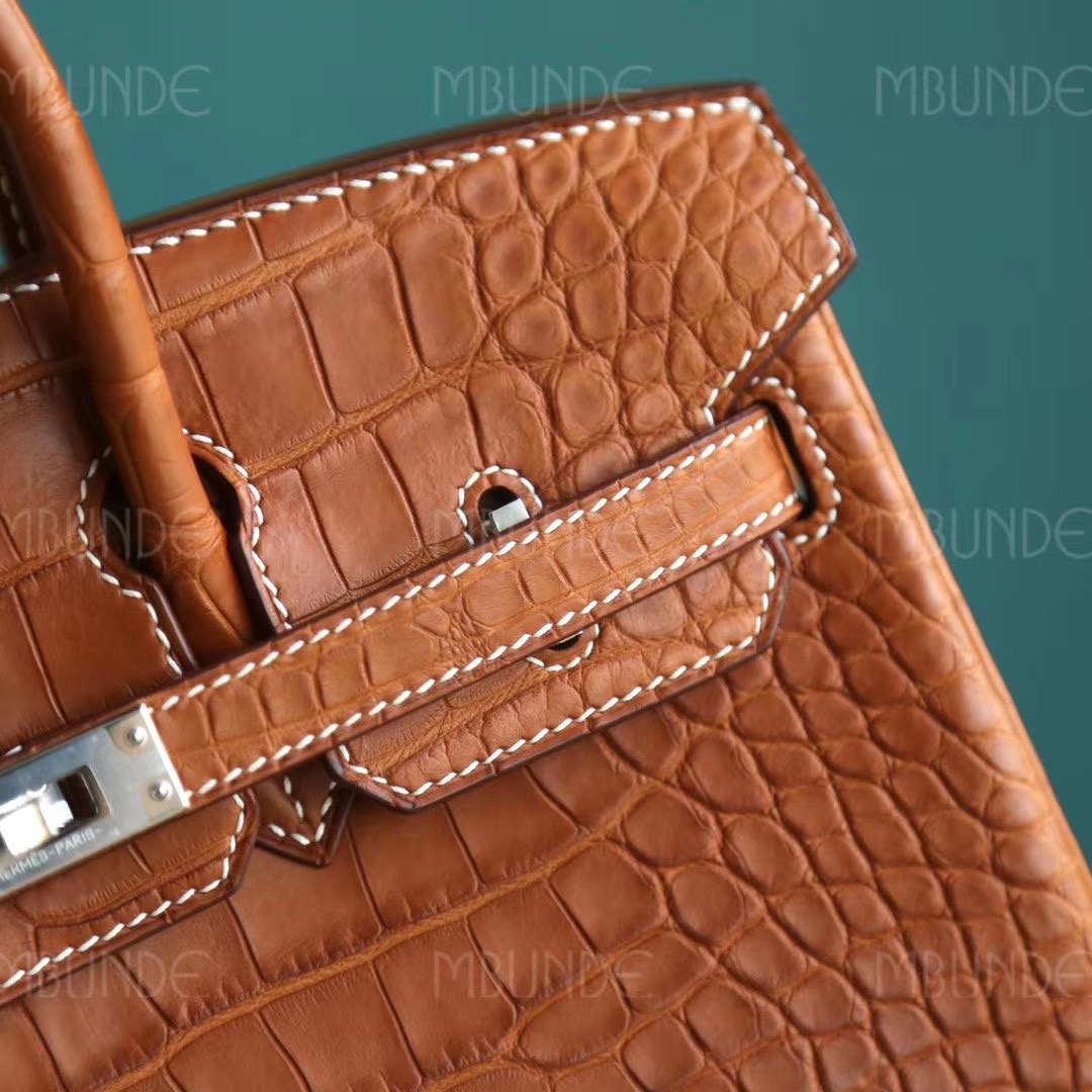 Hermes Birkin25cm 经典干邑原色 马鞍色 雾面方块鳄鱼 银扣 稀有程度堪比喜马拉雅