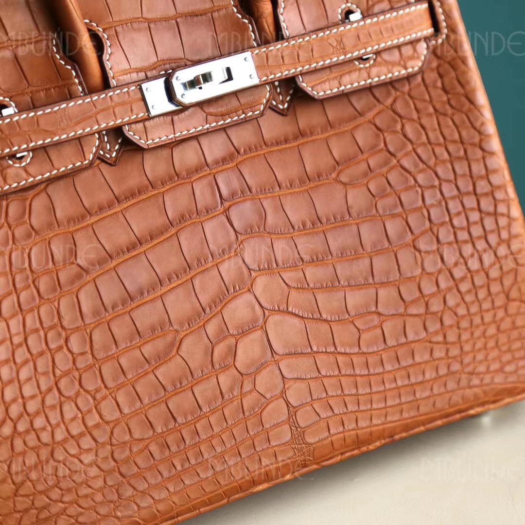 Hermes Birkin25cm 经典干邑原色 马鞍色 雾面方块鳄鱼 银扣 稀有程度堪比喜马拉雅